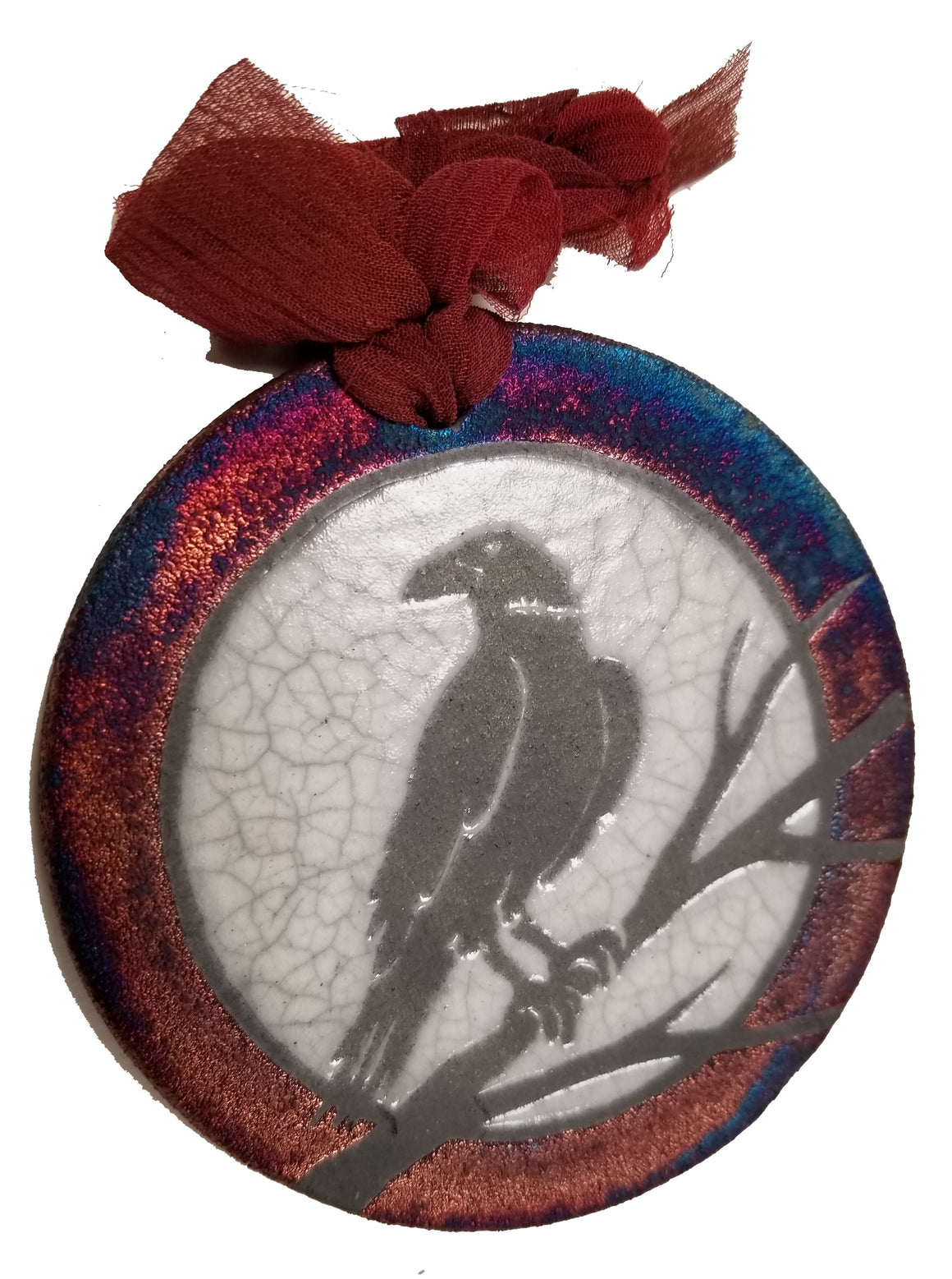 Raven Silhouette Medallion Ornament from Raku Pottery