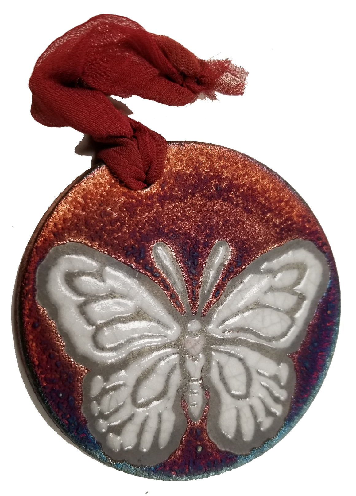 Butterfly Silhouette Medallion Ornament from Raku Pottery