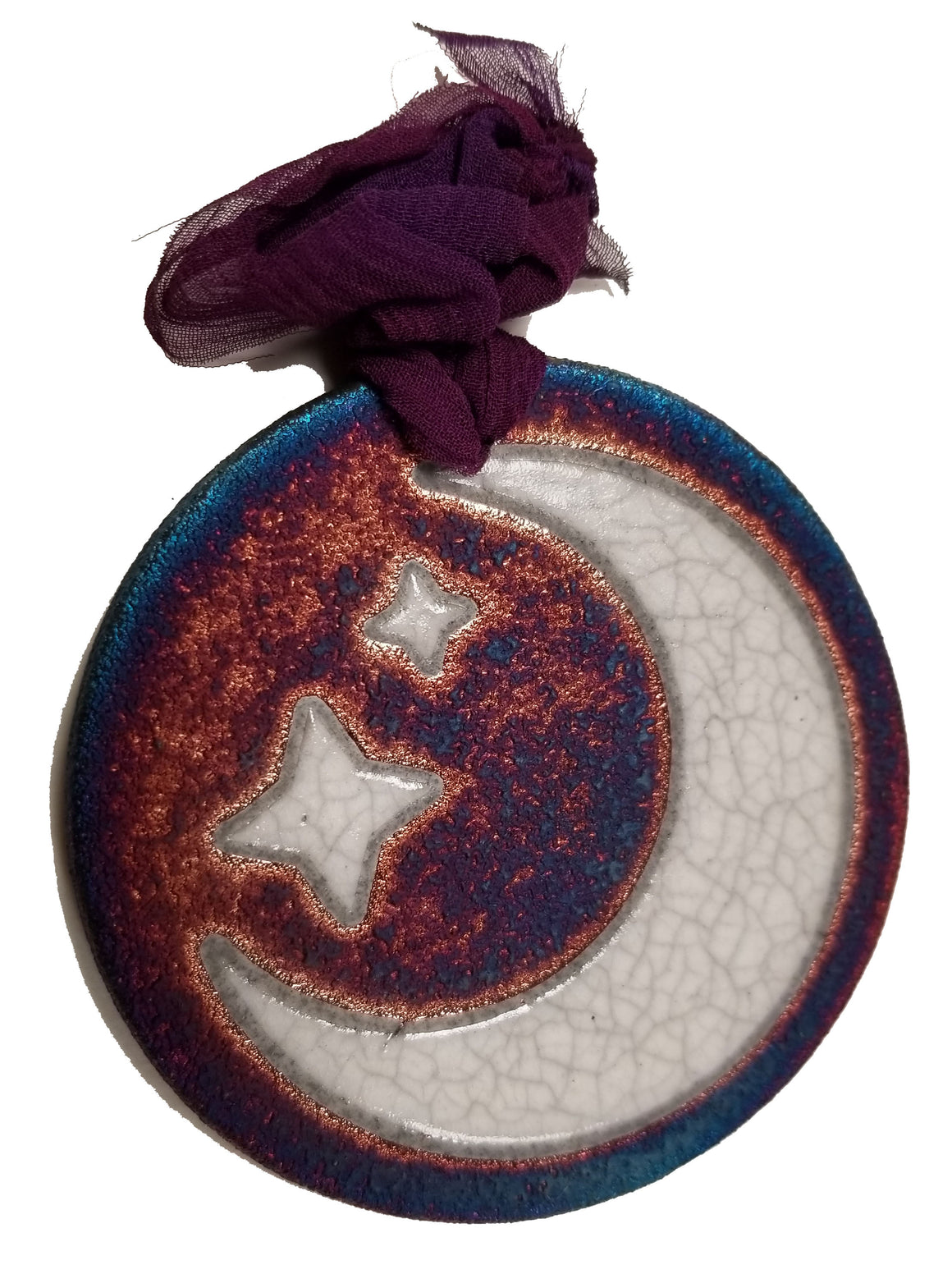 Crescent Moon Silhouette Medallion Ornament from Raku Pottery