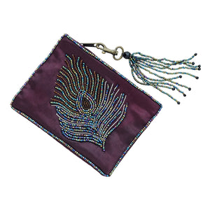 Purple Bead Embellished Peacock Coin Purse Handcrafted in India