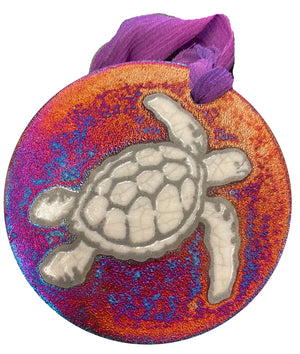 Sea Turtle Silhouette Medallion Ornament from Raku Pottery