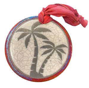 Palm Trees Silhouette Medallion Ornament from Raku Pottery