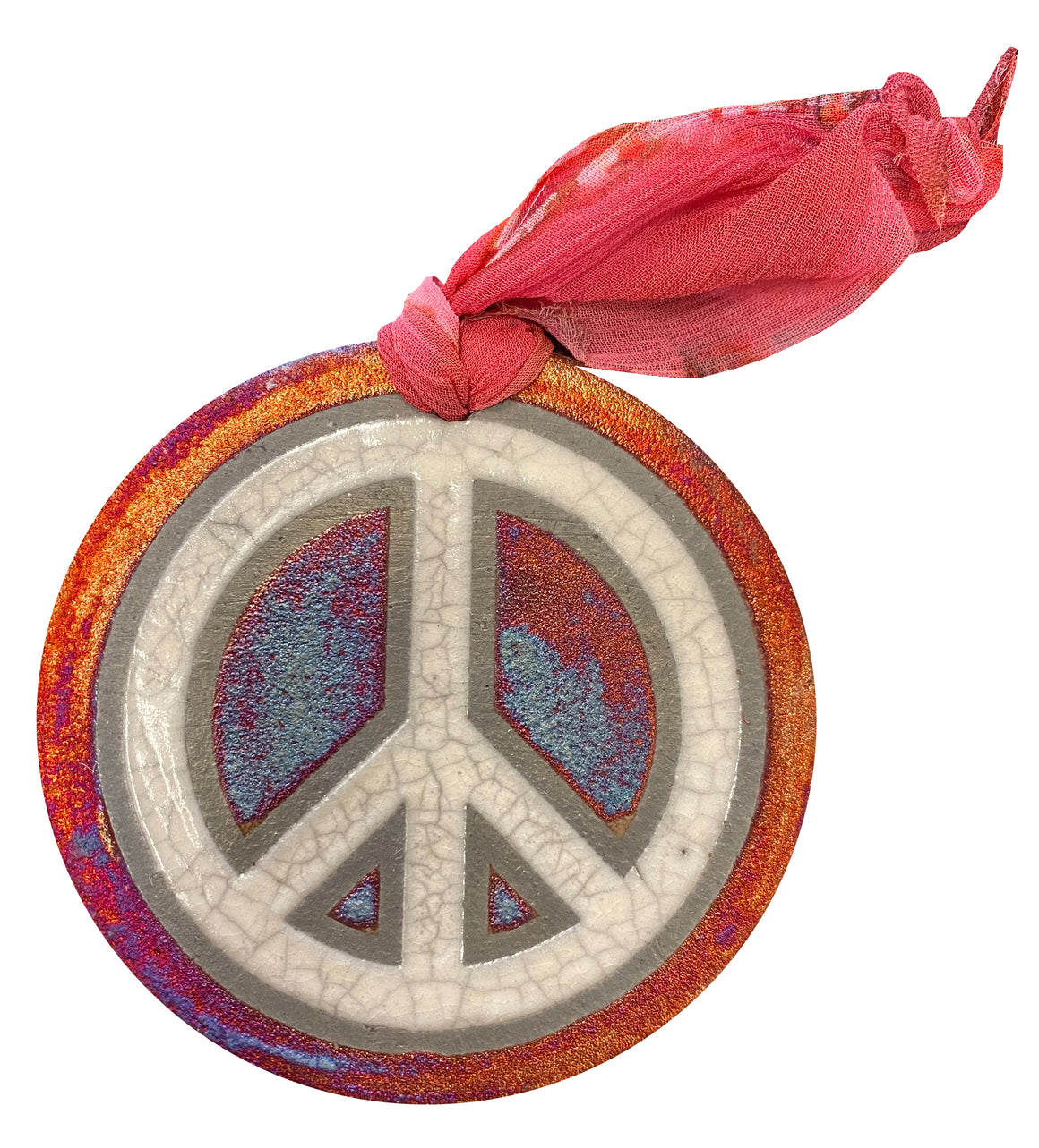 Peace Sign Silhouette Medallion Ornament from Raku Pottery