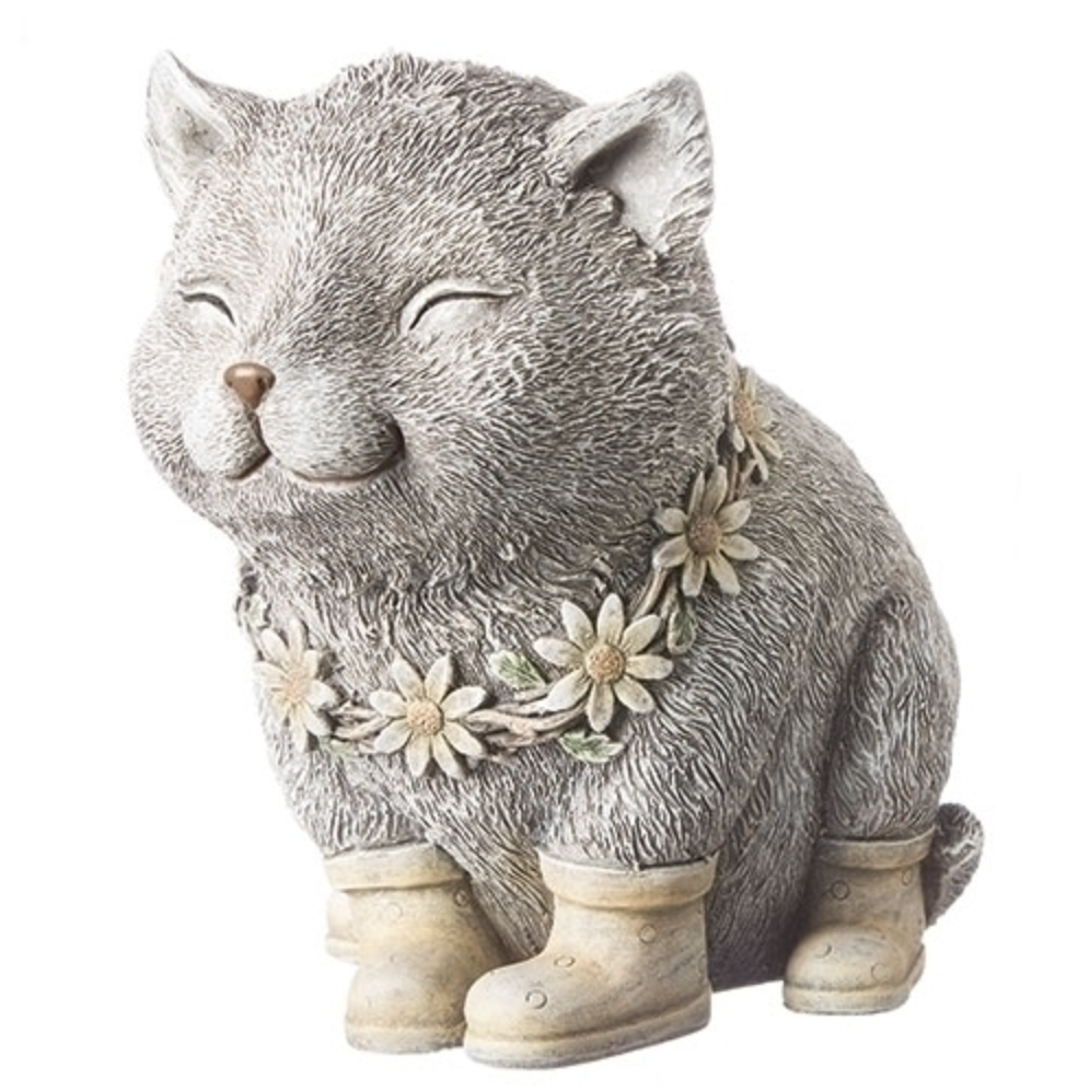 Cat in Rain Boots with Daisies Pudgy Pals Garden Statue