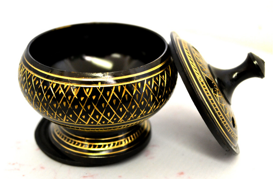 Black Carved Brass Burner 3"D 3.5"H w/Wooden Coaster & Lid