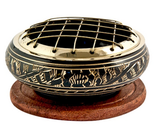 Brass Carved Screen Charcoal Burner with Coaster - 3"D