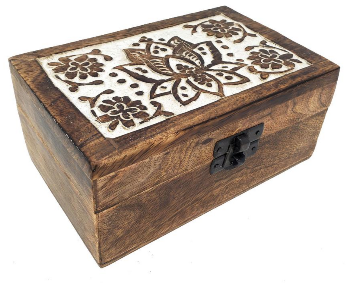 Lotus Carved Wood Box 4x6"