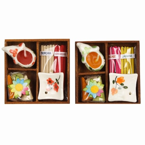 Colorful Incense Cones and Stick Gift Set Elephant Candle and Floral Ceramic Dish