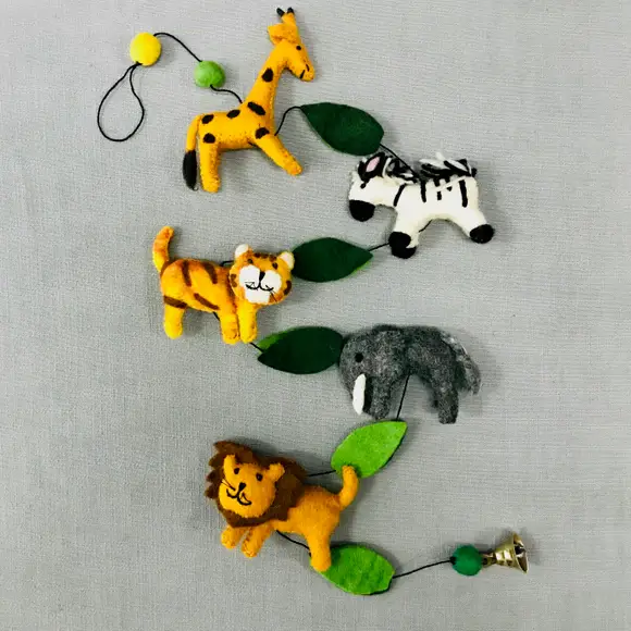 Jungle Animals Felted Wool Garland Handcrafted in Nepal