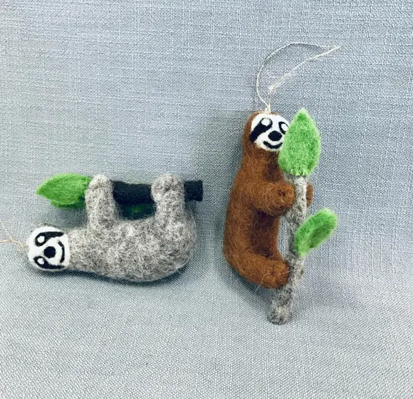Sloth Hand-Felted Wool Ornament Handcrafted in Nepal