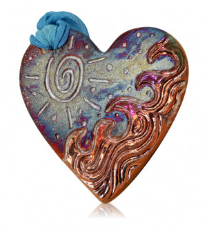 Ocean Heart Holiday Ornament from Raku Pottery