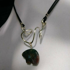 Freeform Silver Wire with Jasper Bear on Satin Cord