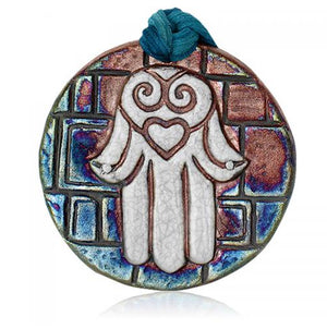 Hamsa Hand Medallion Ornament from Raku Pottery
