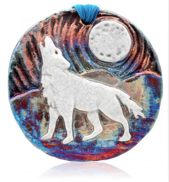 Wolf Medallion Ornament from Raku Pottery